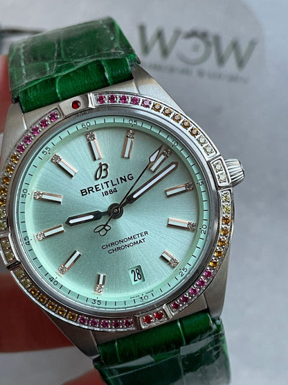 GF Factory 1:1 Breitling Chronomat 36mm u77310591u1 Green Leather strap Light Green dial A7750