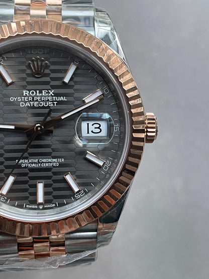 VSF Factory 1:1  Rolex Datejust 41mm 126331 904L RG/SS Fltued Bezel Pattern Motif Grey Dial Stick VS3235