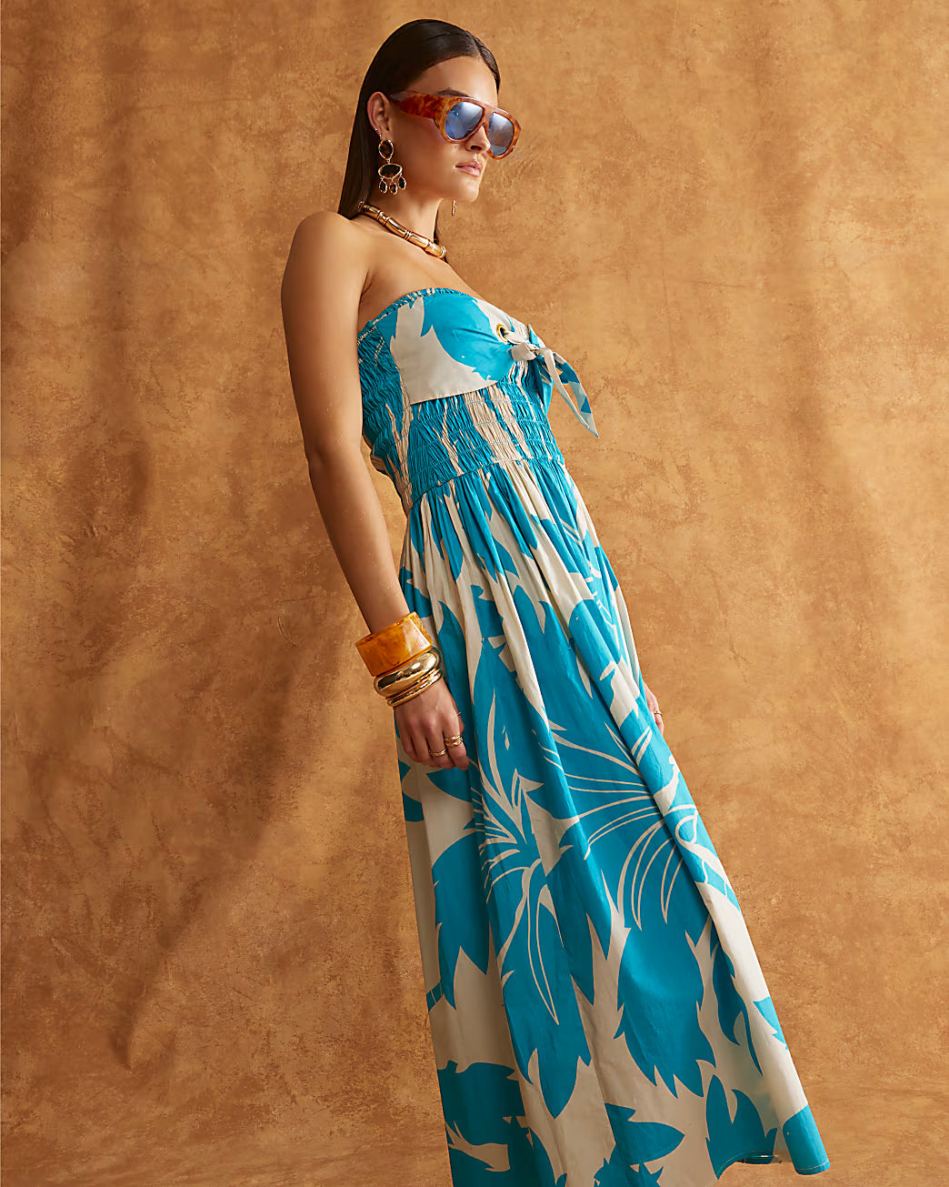 Blue Bandeau Poplin Midi Dress