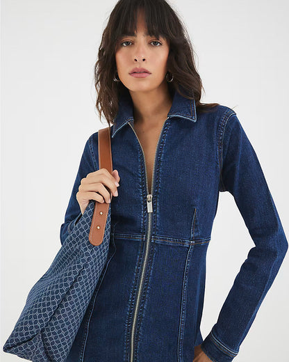 Blue Denim Long Sleeve Zip Front Mini Dress