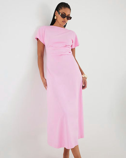 Pink Short Sleeve Drape Side Midi Dress