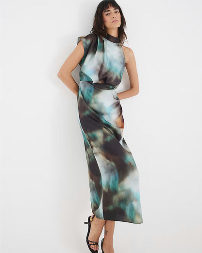 Green Satin Printed High Neck Midi Dress