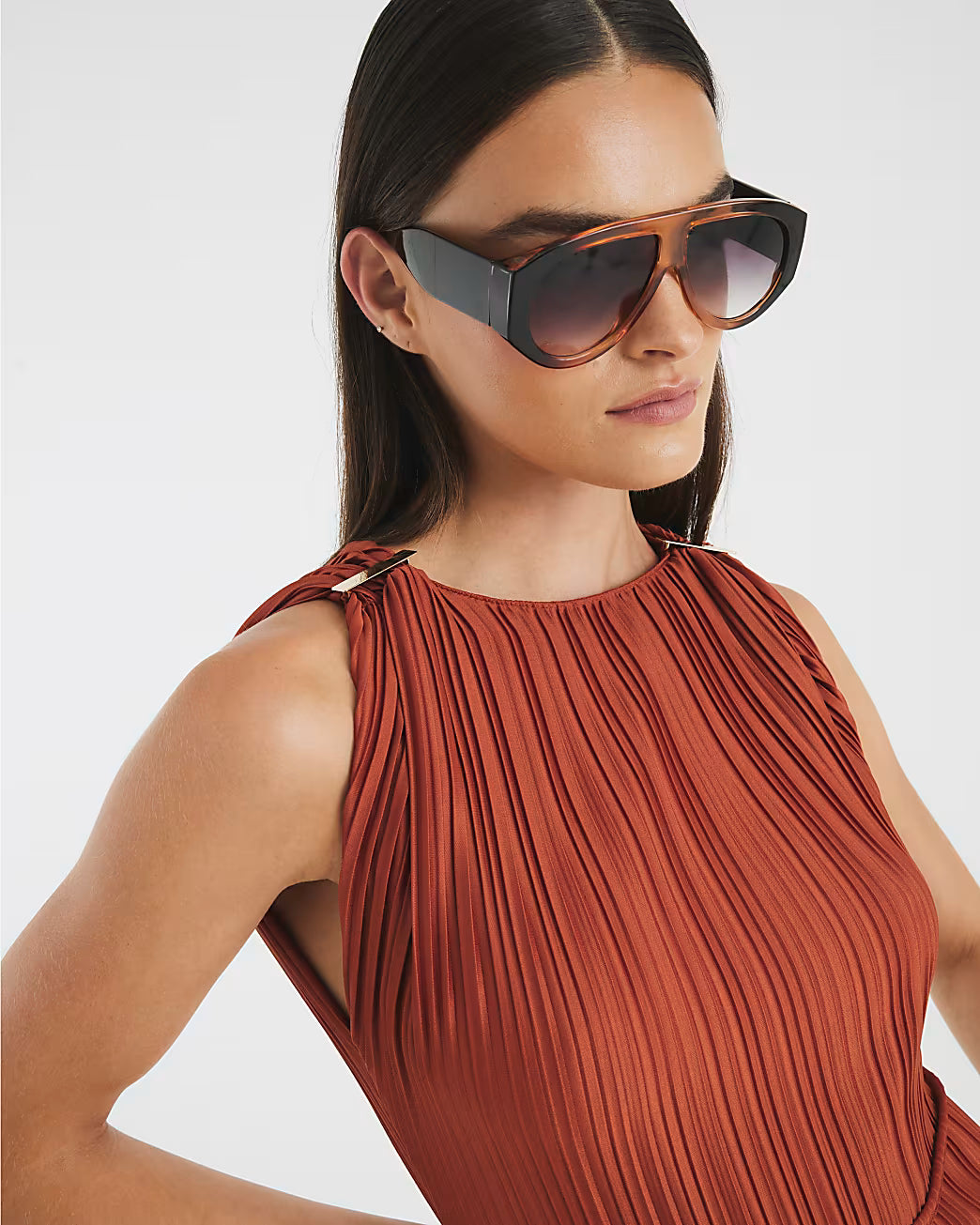 Orange Sleeveless Plisse Belted Midi Dress