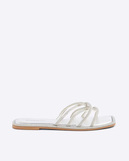 Silver Embellished Twist Strap Flat Sandals